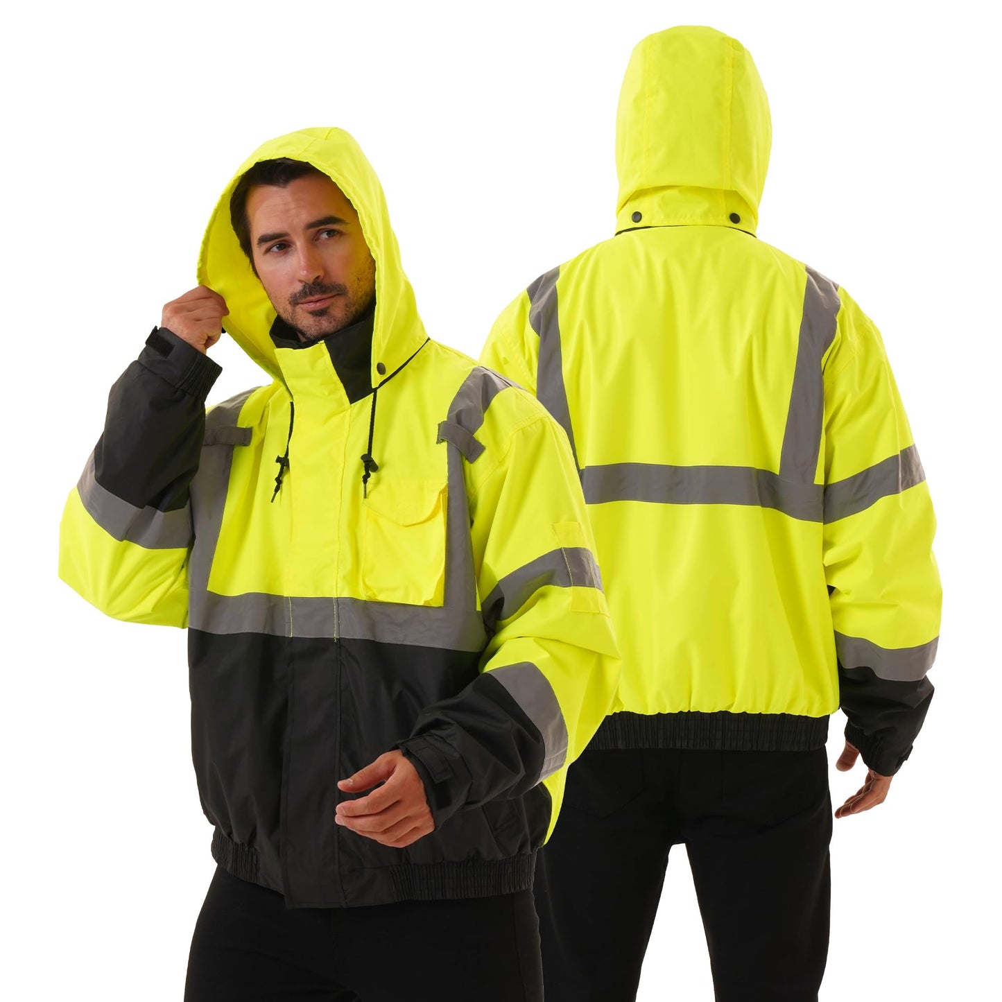 DPSAFETY 3 in 1 Safety jacket,Reflective high Visibility Hooded jacket,Hi Vis Bomber Jacket shell and fleece lining,Waterproof,ANSI Class 3 Black Bottom Lime,2XL