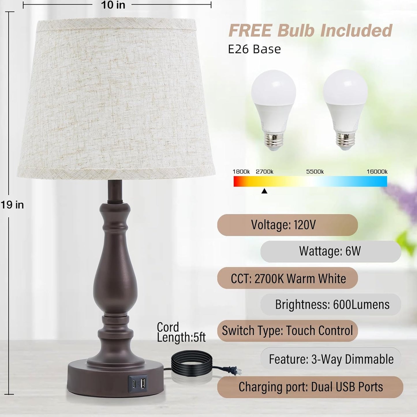 Touch Bedside Table Lamps Set of 2 with USB C+A Ports - 3-Way Dimmable Linen Shade