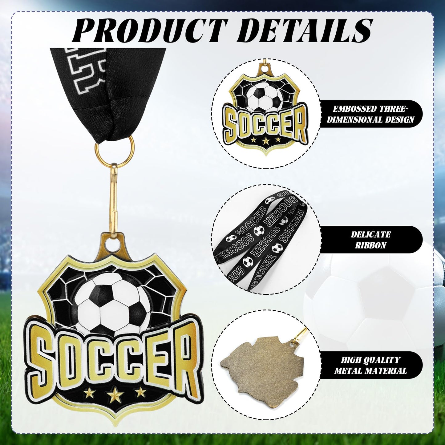 Ecation 12 Pcs Soccer Medals 2 Inch Team Awards Gold Sports Award Medal Soccer Metal Medal with Neck Ribbon