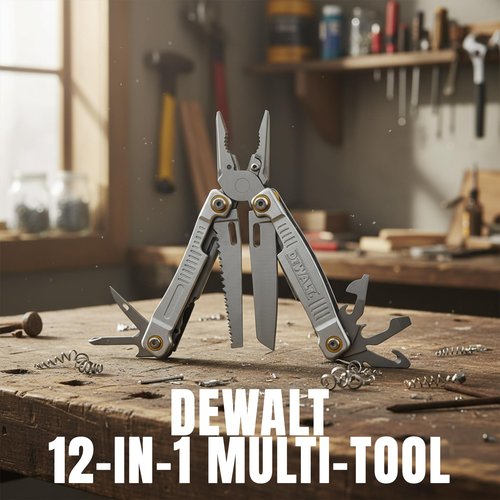 DEWALT 12-in-1 Multi-Tool with Pliers, Knife, Saw, Screwdrivers, Bottle & Can Opener – Stainless Steel Folding Pocket Tool with Sheath & Belt Clip for Construction, Trades & Jobsite Use