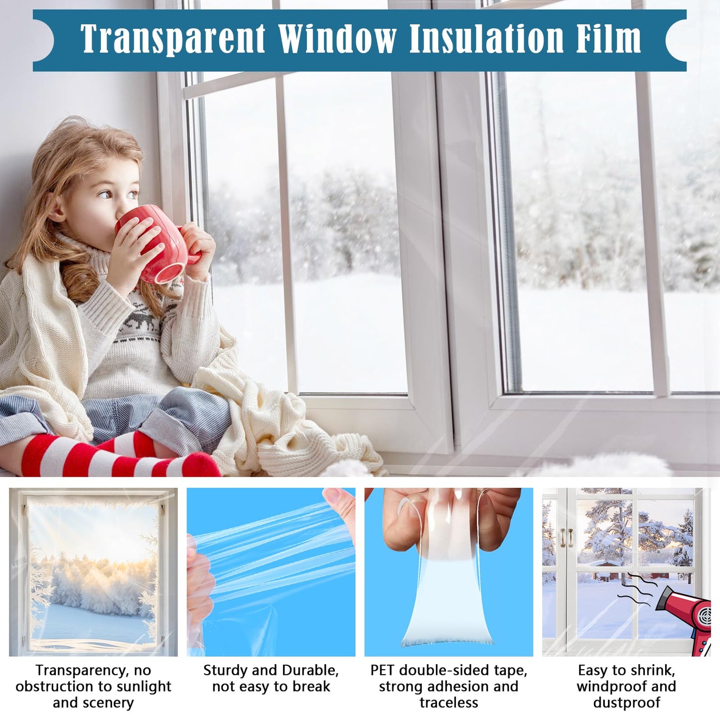 Window Insulation Kit, 63 × 394 Inch Plastic Window Coverings for Winter, Thicken Window Shrink Film Insulator Kit Windows Waterproof Winterizing with 5 Double-Sided Tape for 10 Pcs 3 x 5 Ft Windows