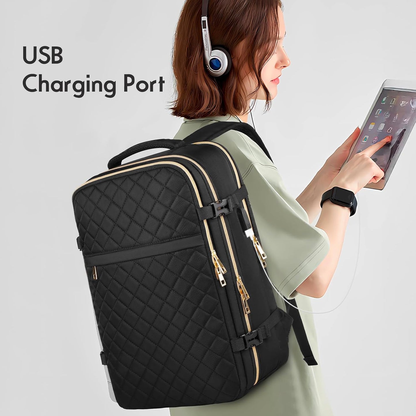 MOMUVO Large Travel Backpack - Flight Approved, Water Resistant Anti-Theft Daypack for 17" Laptop | Black