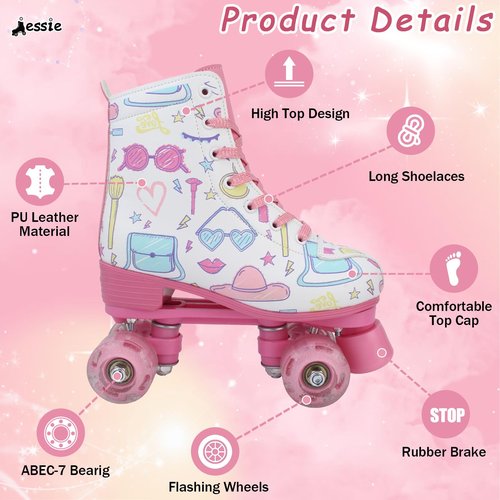 jessie Roller Skates Girls Ages 6-12 with Light Up Wheels PU Leather High-top Skate for Kids, Women, Youth and Beginners Outdoor(White,38-Women’s 8/Men’s 6.5)