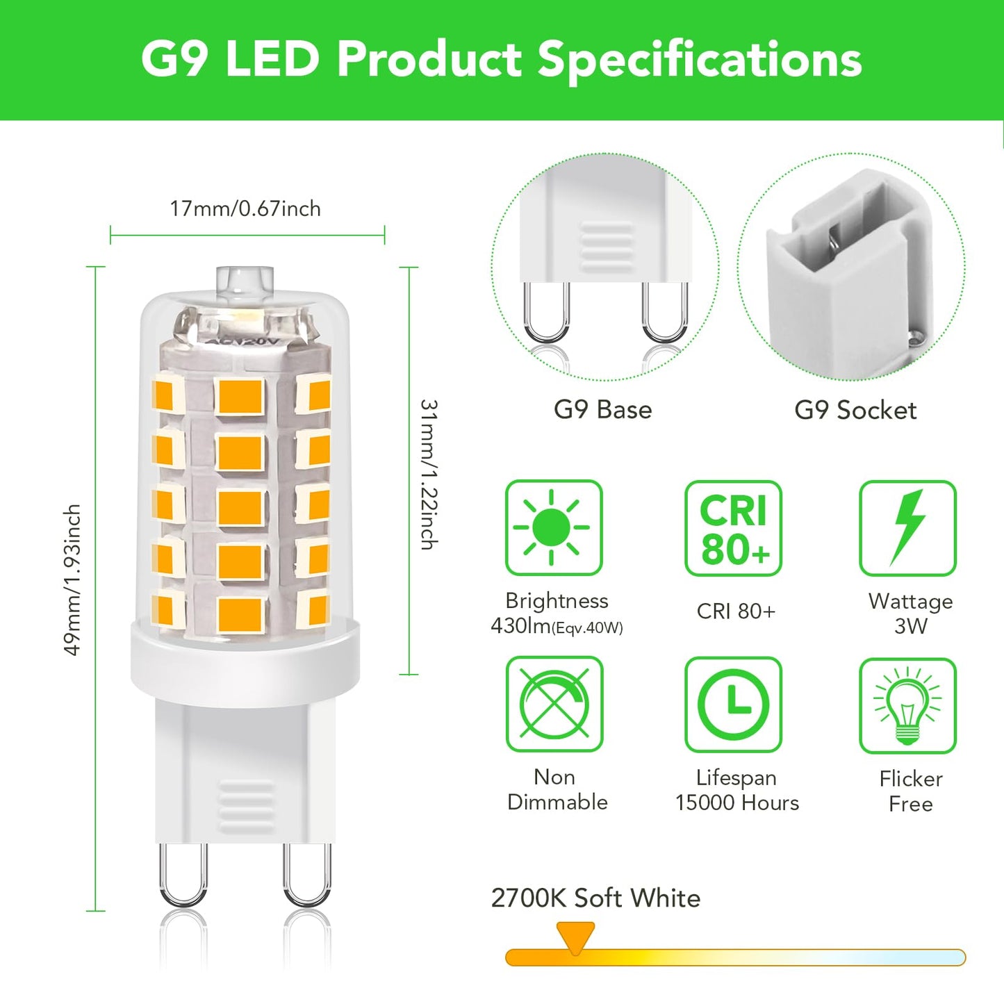 BUBO G9 LED Bulb 2700K Soft White 430 Lumens, 3W Equivalent 40W T4 G9 Halogen Replacement, 360°Beam Angle 120V Non-Dimmable No-Flicker G9 Light Bulbs for Crystal Chandelier Lighting, 10 Pack