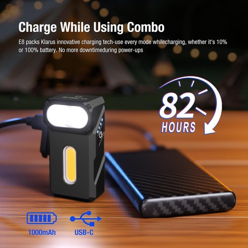 klarus E8 180° Swivel Head & Triple-Light Pocket Flashlight - 1000 Lumens, Rechargeable, IPX6 Waterproof, Magnet, Clip (EDC)