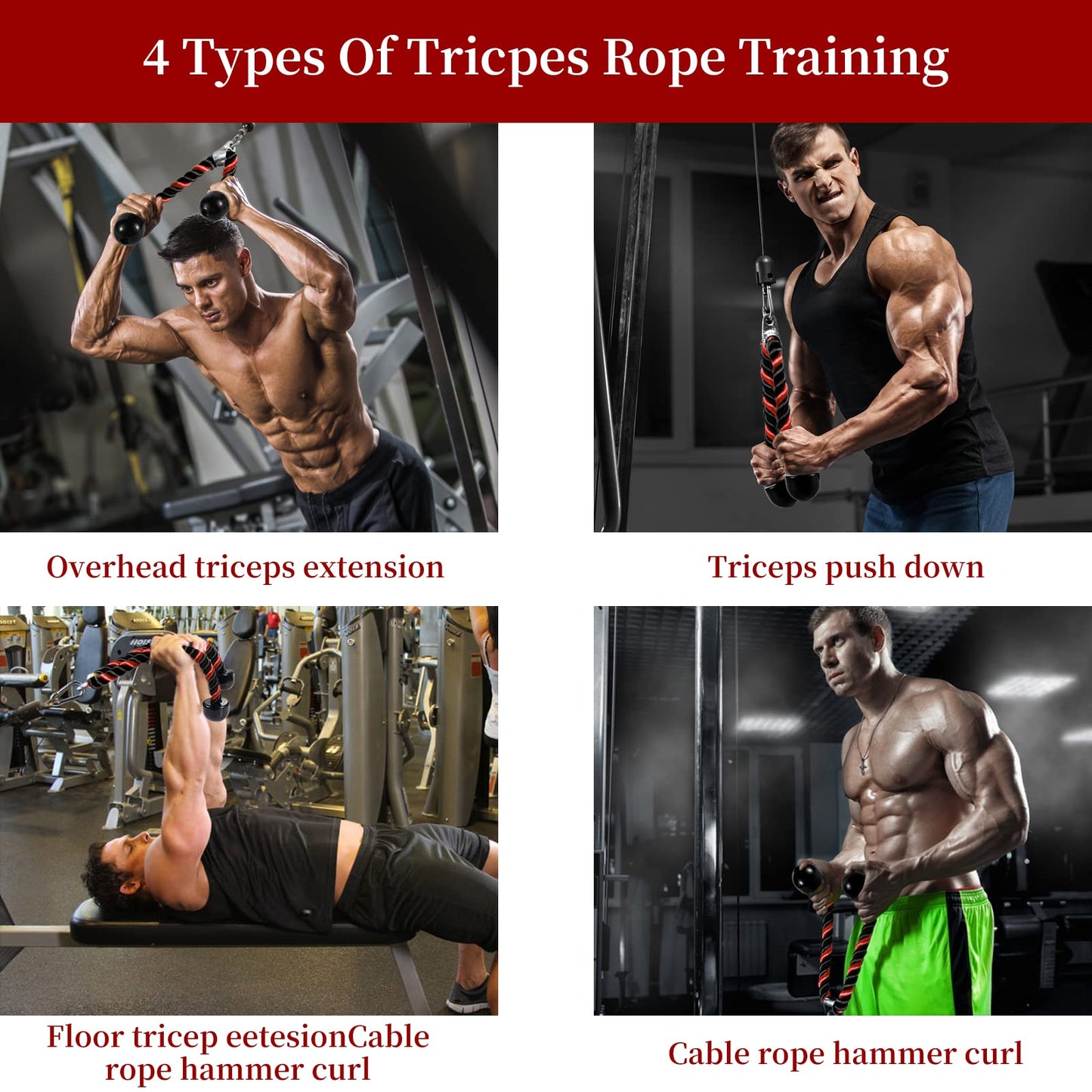 AWEFRANK Tricep Rope Cable Attachment 36 Inch Non-Slip Grip for Gym Red