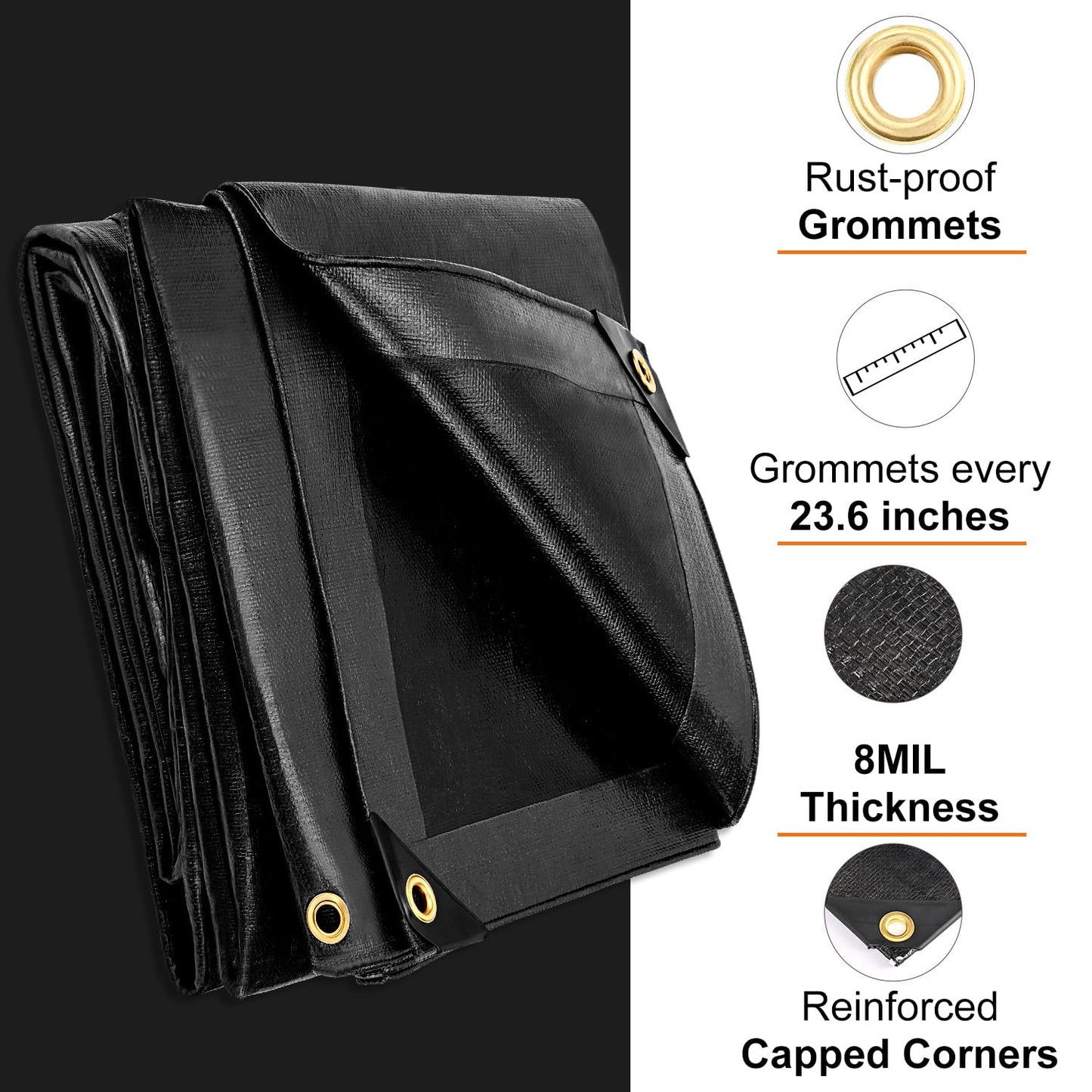 Patiobay Tarp 8x10 Feet, 8 Mil Waterproof Tarps Heavy Duty with Grommets Every 23.6", Thick Plastic Tarp, UV Resistant Tear&Fade Resistant, Reinforced Edges for Outdoor Pool Camp Tent