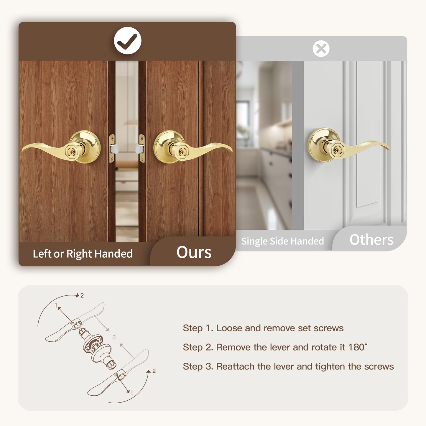 Moquin 5 Pack Wholesale Polished Brass Door Lever, Wave Design Keyed Entry Door Lever with Lock (Keyed-Not-Alike), Reversible Door Handle for Right/Left Side for Front/Entrance Door Lock