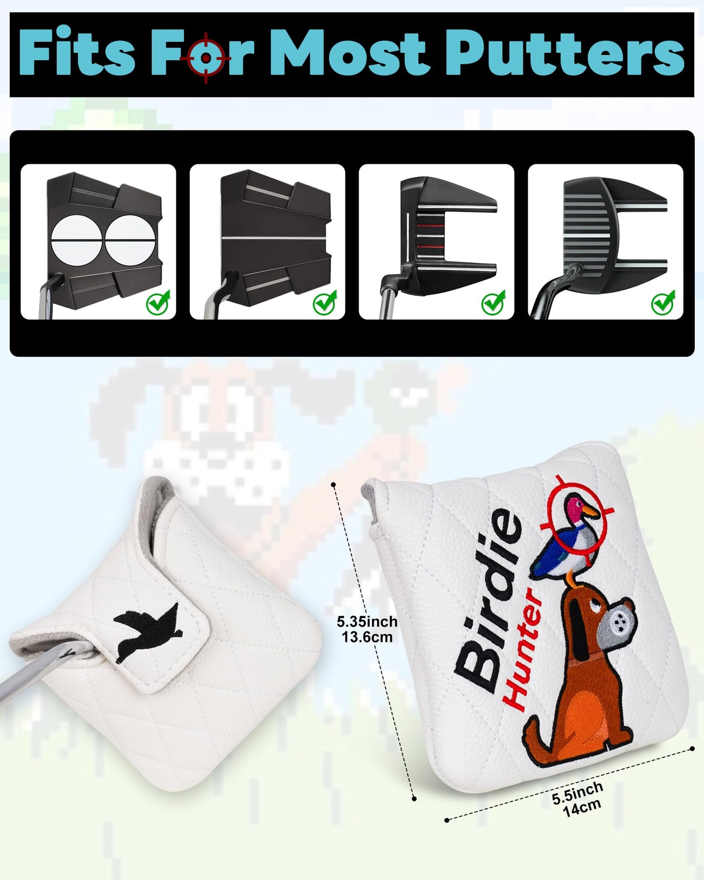 Big Teeth Golf Putter Cover Mallet Golden Retriever, Heel Shaft Golf Square Mallet Putter Cover Headcover Magnetic Birdie Hunting Embroidered Headcover White