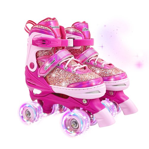 Kids Roller Skates for Girls Boys 4 Size Adjustable Ages 3-5 5-8 6-12 Red Quad Rollerskates with Light Up Wheels for Beginner Children's Birthday Gift patines para niñas Outdoor Sports