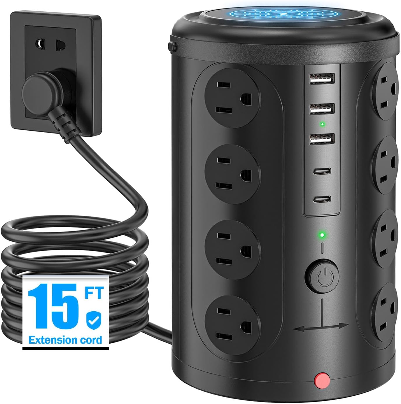 15W Wireless Charging Surge Protector Power Strip with 16 AC Outlets & 5 USB Ports - Desk Charging Station for Home, Office & Dorm Room (10FT)