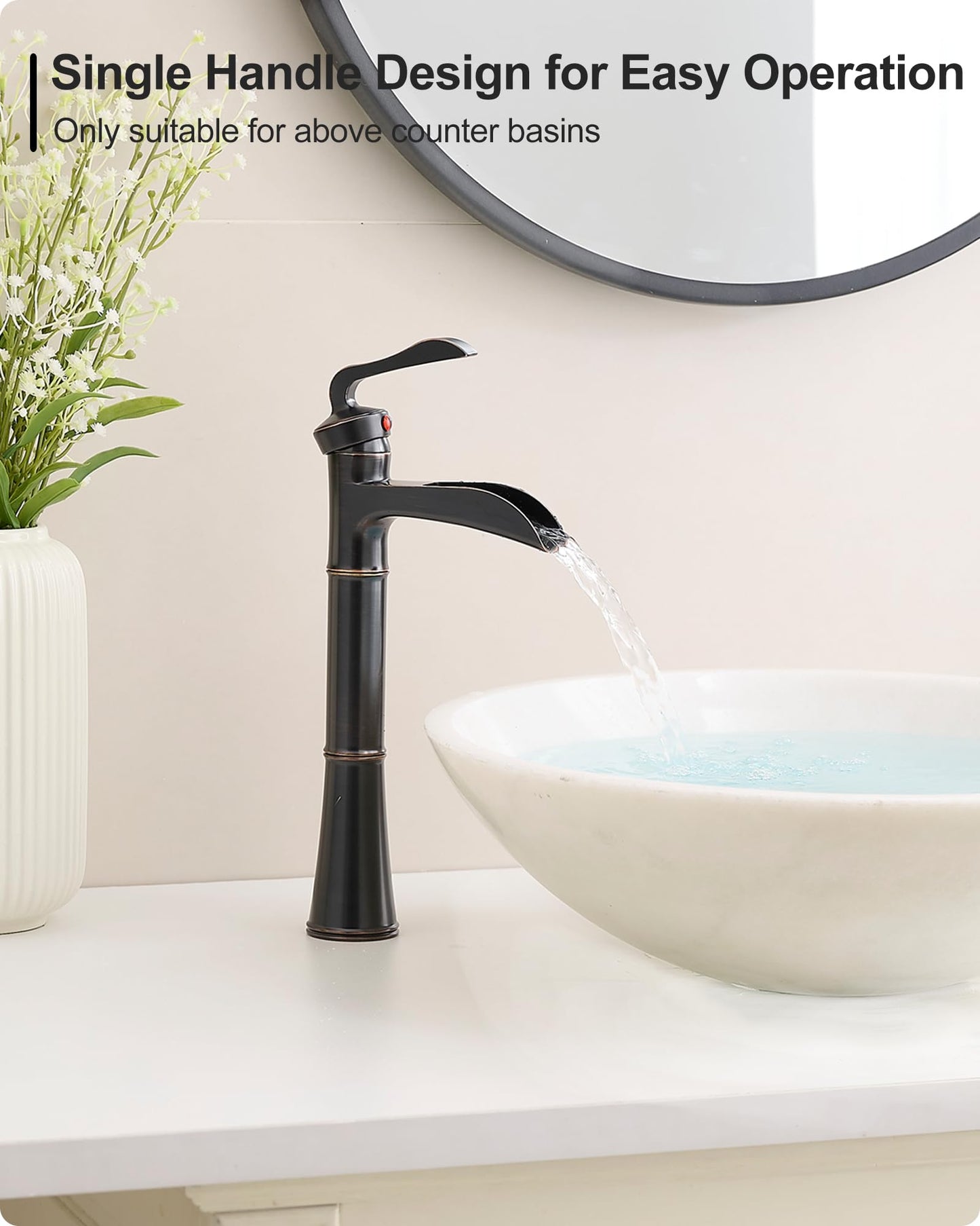 HEYMYTAP Tall Vessel Sink Faucet, Oil Rubbed Bronze Bathroom Faucet Waterfall Bathroom Faucets One Hole, Brass Bathroom Sink Faucet Single Handle with Pop-Up Drain & Water Hoses, 5 Mins Install