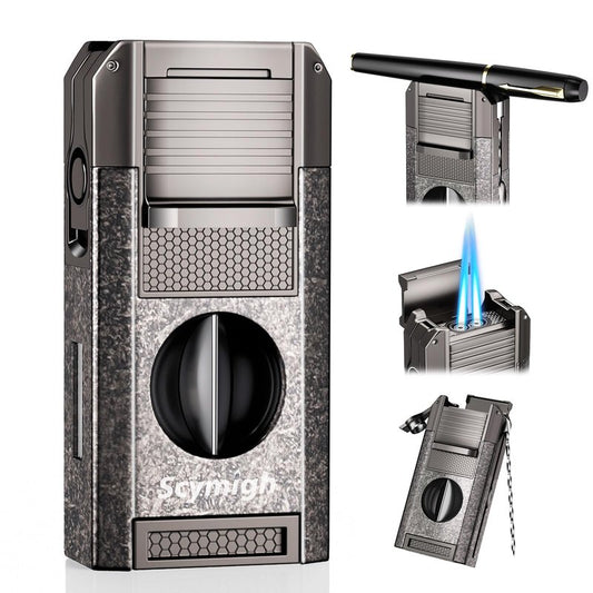 5-in-1 Torch Lighter with Cutter, Punch and Draw Enhancer Tool, Dual Jet Windproof Flame Butane Lighter, Refillable Gift Set for Men, Candle, Outdoor and Travel