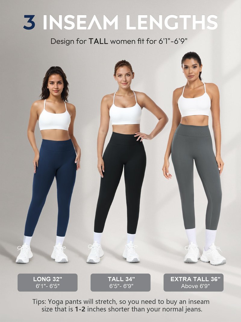 Tallemon Seamless Workout Leggings for Tall Women Extra Long High Waisted Gym Running Pants, 34" Inseam, Black, Large