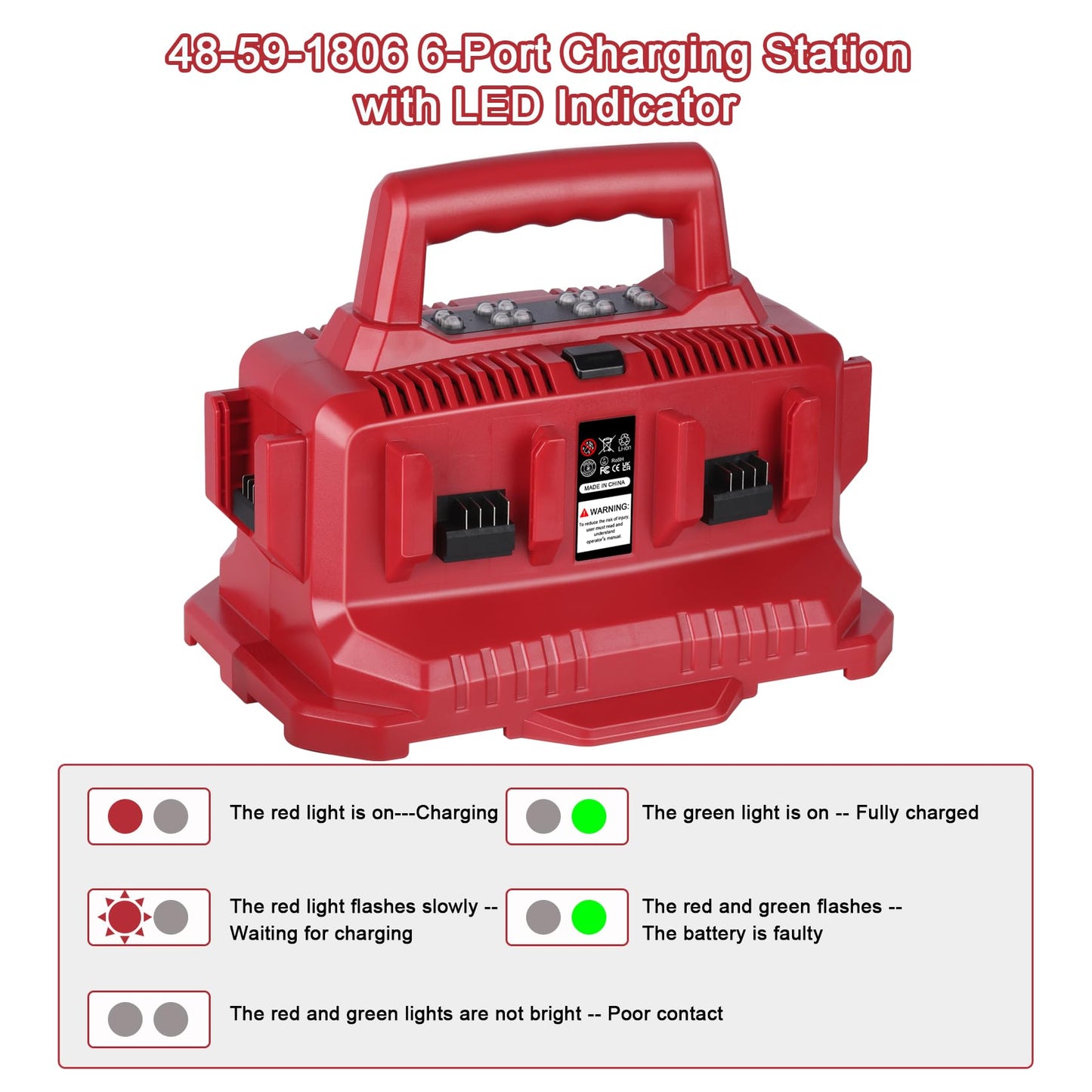 KUNLUN 6 Port Charger Replace for Milwaukee Charger Station 48-59-1806, Compatible for Milwaukee 18V M18 Battery, with LED Indicator Charge Choose Button Wall-Hole (Sequential Charging)