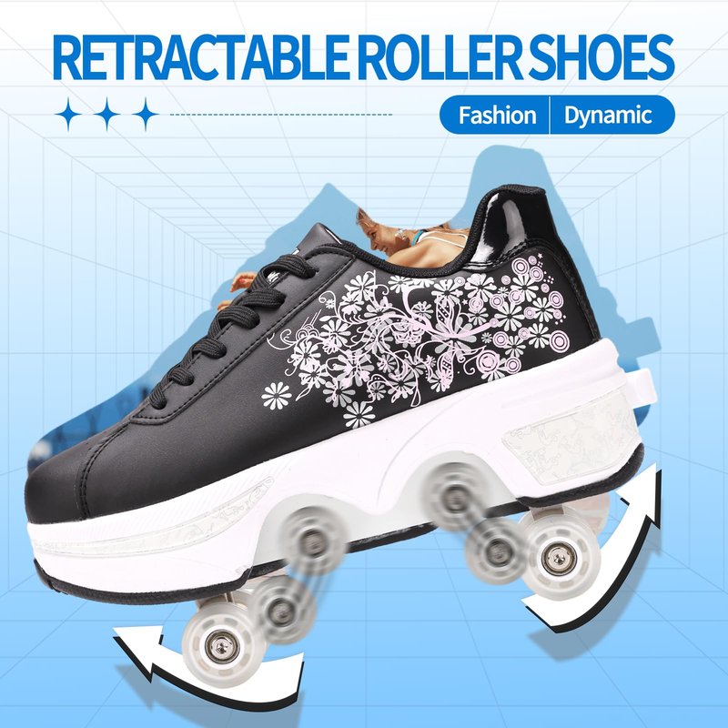 Roller Skate Shoes for Girls, Kids, Women, Men,Double-Row Skating Shoes,Retractable Wheels Sneakers,Adjustable Parkour Roller Skates,Deformation Sneakers Outdoor (Hhua, 9 Women/8 Men)