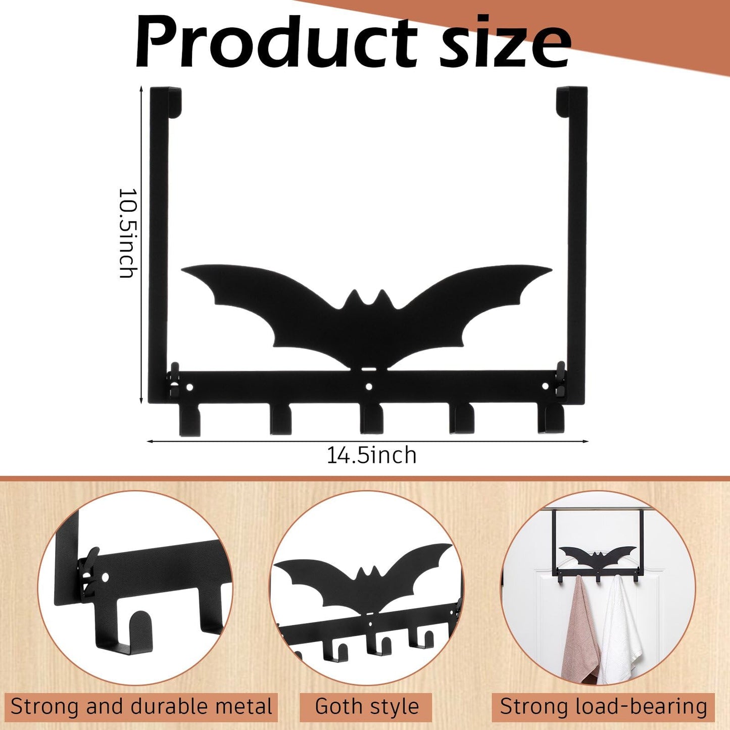 Reallnaive Bat Over The Door Hooks Halloween Gothic Bathroom Decor Hanger Wall Mount Rack Holder for Towel, Hat, Coat, Cloth, Keychain, Bag, Home Organizer