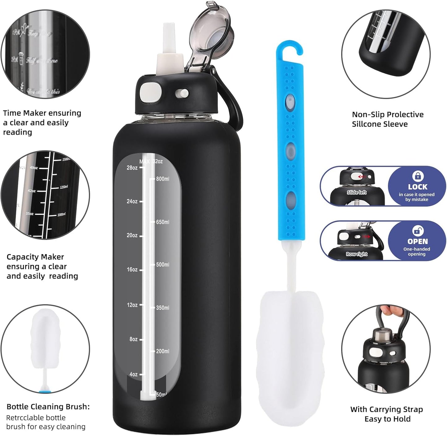 SIEROZUR 32 oz Glass Water Bottle - Durable with Straw, Handle & Silicone Sleeve | Time Marker for Gym & Travel