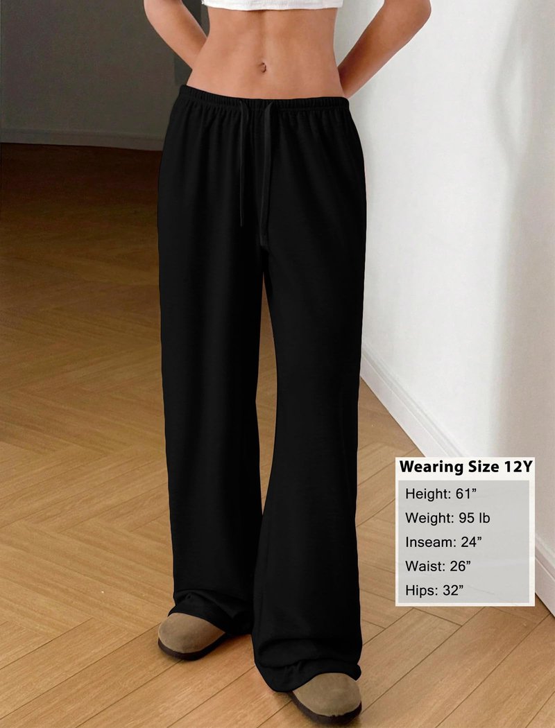 EXARUS 3 Pack Girl's Loose Straight Wide Leg Baggy Cute Sweatpants with Drawstring Elastic Waist Pockets Casual for Teen 12Y Black/Pink/White
