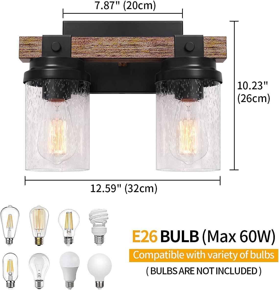 Farmhouse 2-Light Vanity Lights for Bathroom - Rustic Black Wood & Glass Sconces