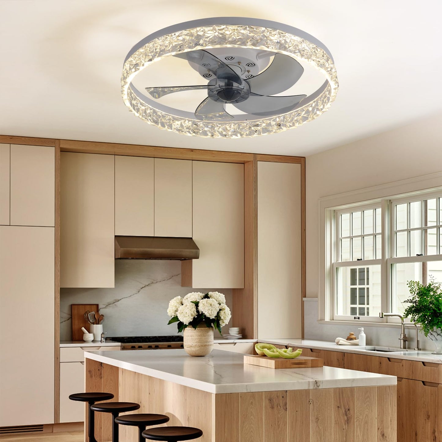 FRIXCHUR 19.7" Crystal Chandelier Fan Modern Flush Mount Ceiling Fan with Lights Dimmable Low Profile Ceiling Fans 6 Speeds 3 Color Fandeliers for Bedroom Living Room Kitchen (White)