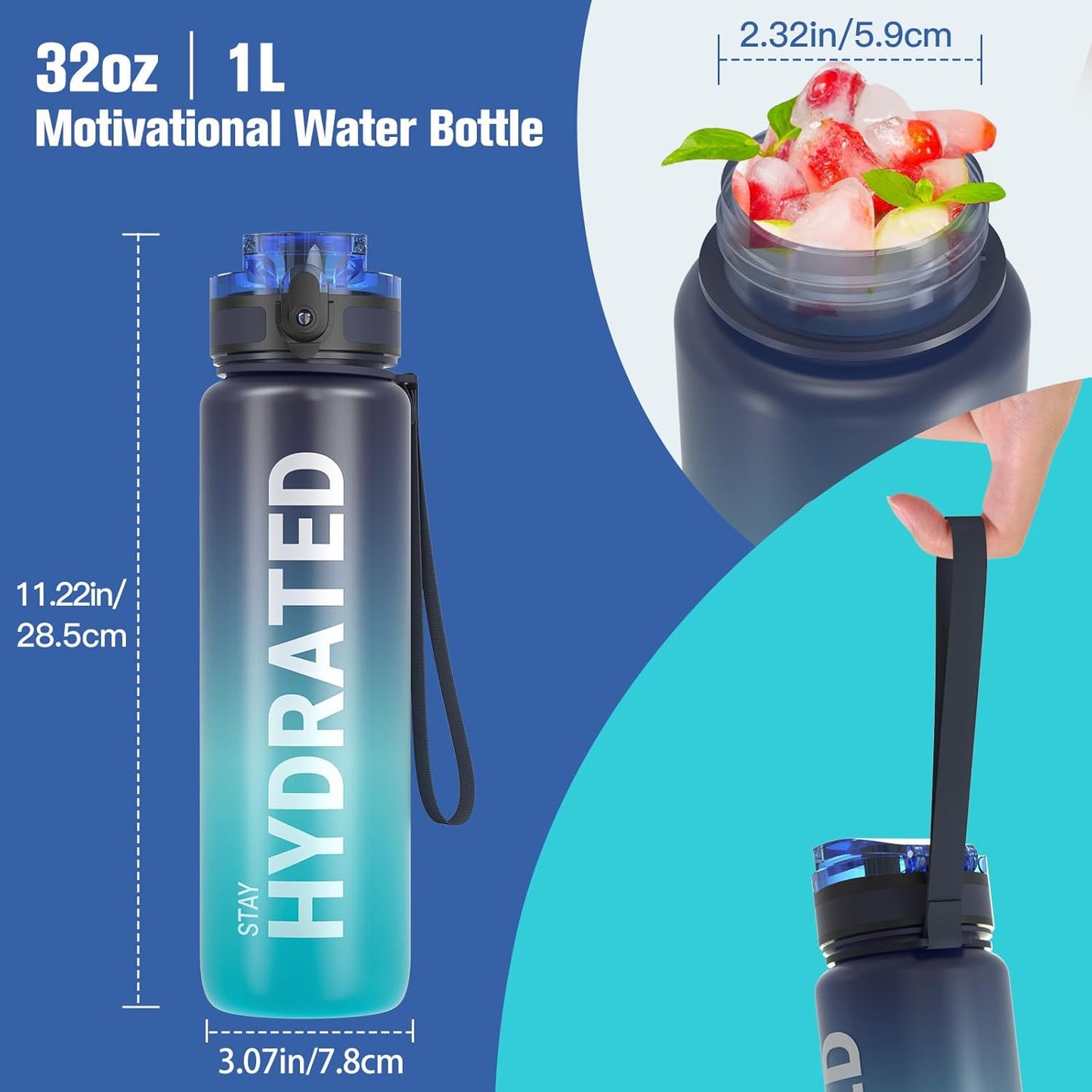 Sahara Sailor 32oz Water Bottle - Durable, Leakproof & Motivational with Time Marker | BPA-Free Tritan