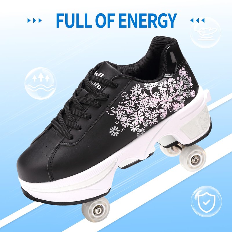 Roller Skate Shoes for Girls, Kids, Women, Men,Double-Row Skating Shoes,Retractable Wheels Sneakers,Adjustable Parkour Roller Skates,Deformation Sneakers Outdoor (Hhua, 9 Women/8 Men)