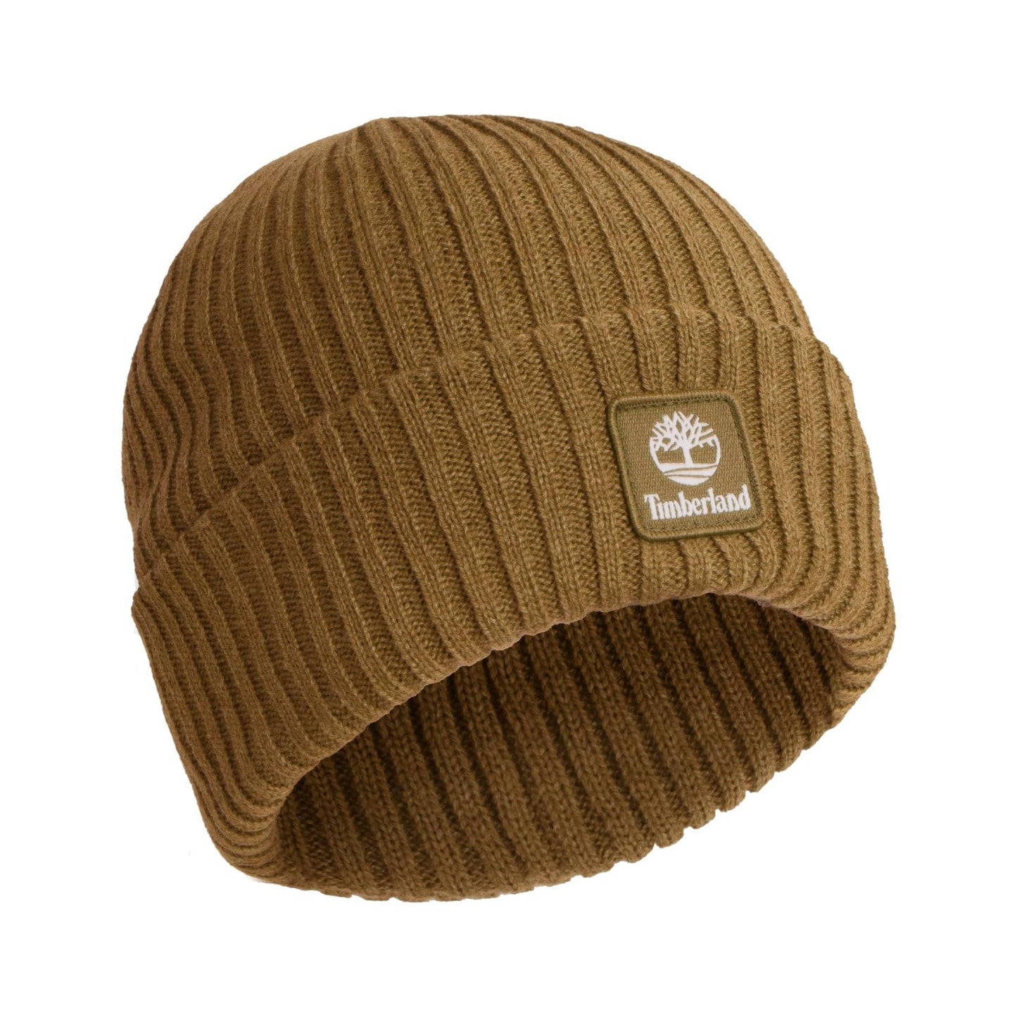 Timberland Men’s Rib Tonal Logo Beanie - Soft Knit Winter Hat, Stretch Fit, Foldover Cuff, Warm Texture for Cold Weather Wear, Wheat, One Size