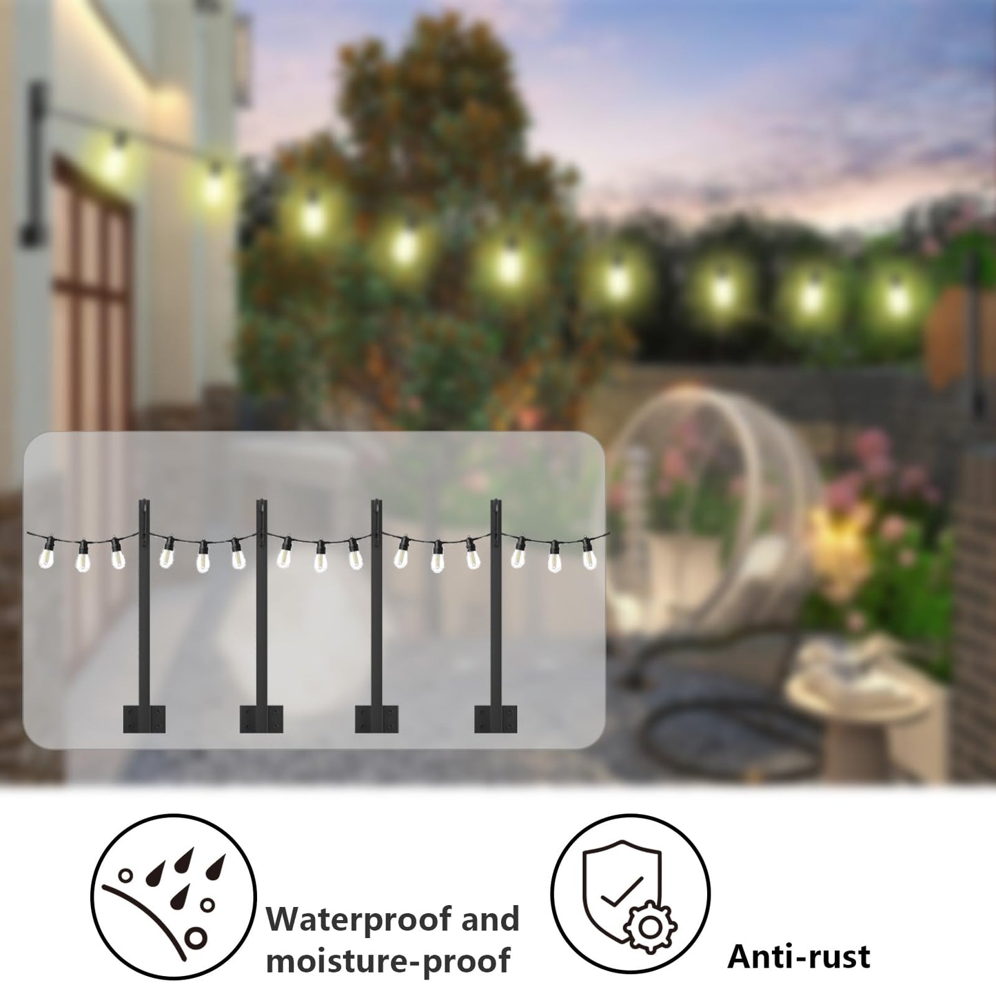 IBCXBIO 4 Pack String Light Poles,Hanging Light Poles for Outdoor String Lights, Metal Suspension String Light Poles with Carabiner,Hanging Light Poles for Deck Fence Garden Backyard Wall Bistro