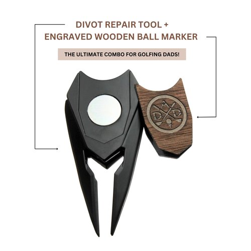 MULLIGAN HOOLIGAN DAD Engraved 4 in 1 Golf Gift Divot Tool | Grove Cleaner | Golf Club Holder |+ Ball Marker in Teak Wood - Dad Birthday Gift in a Box (Dad's Divot Tool)