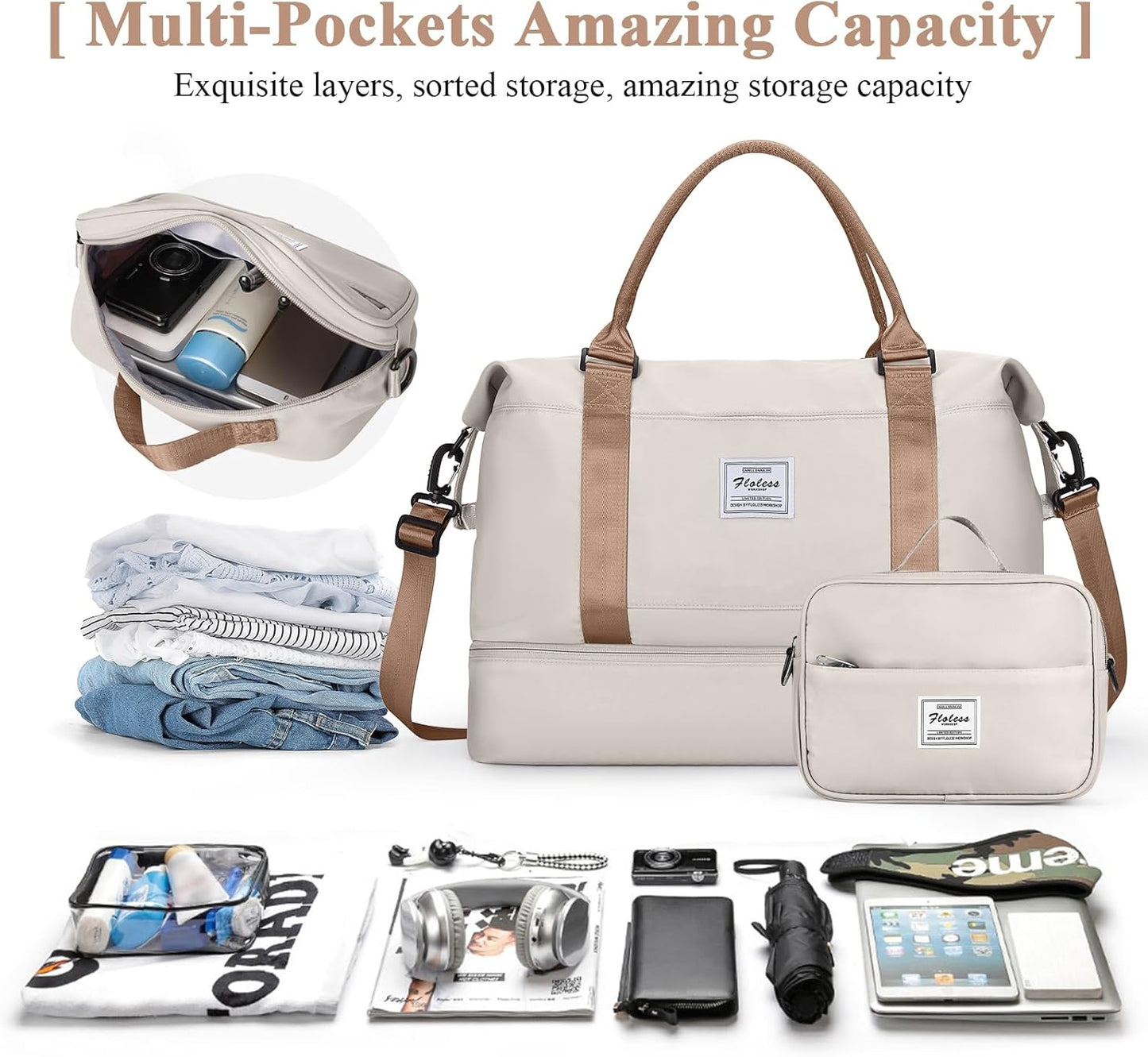 Skiennix Travel Duffel Bag - Shoes Compartment | Stylish Overnight Weekender for Women, 18x14x8