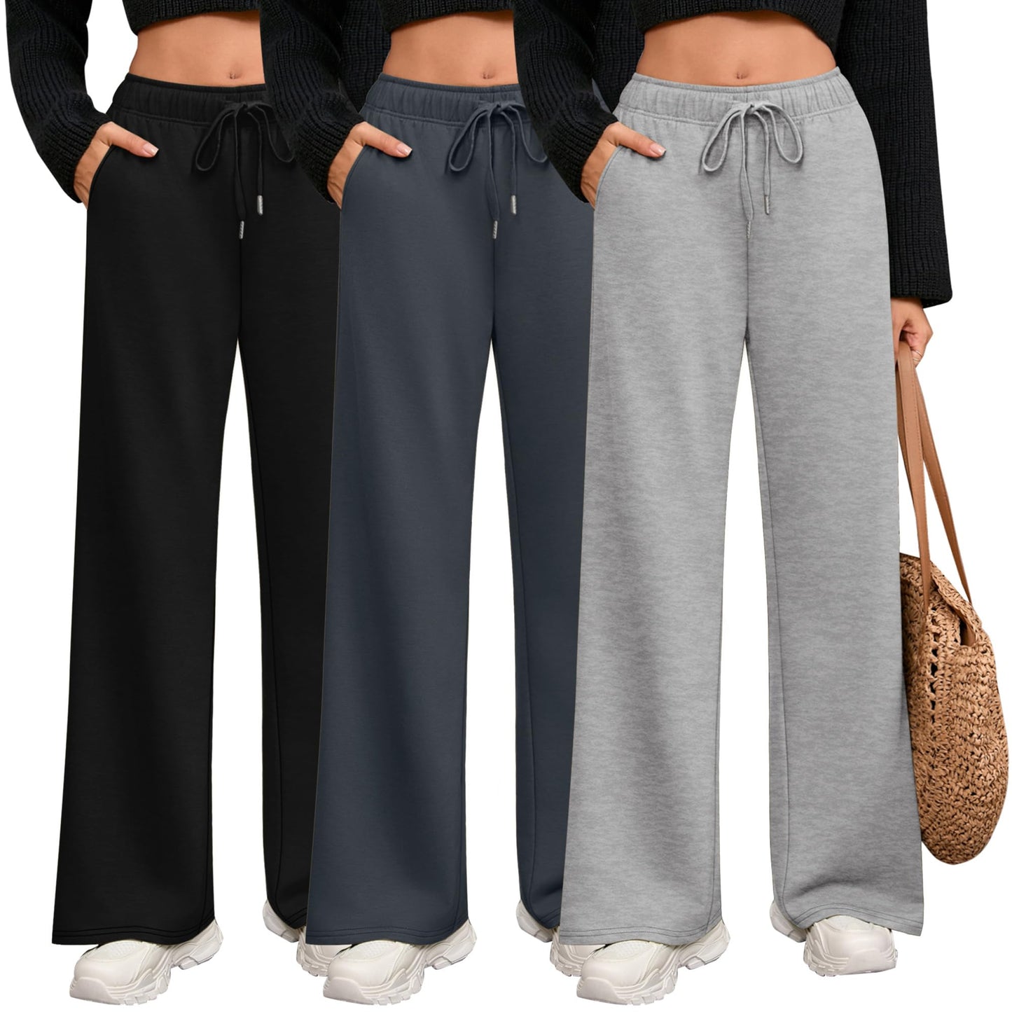 Riyiper 3 Pack Women Wide Leg Sweatpants Drawstring Straight Pants Elastic Waist Joggers Open Bottom Sweatpants with Pockets (Light Gray, Dark Gray, Black,S)