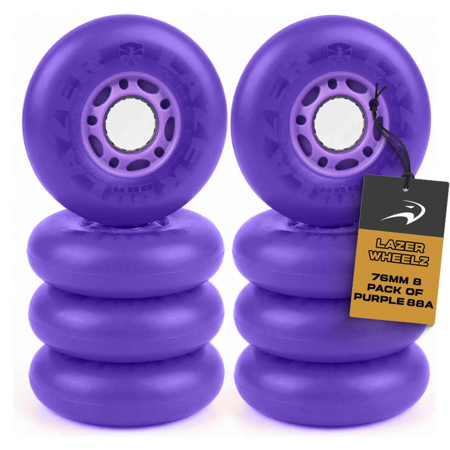 Flying Eagle LazerWheelz - Light Up Inline Skate Wheels Indoor or Outdoor Use, 80mm 8 Pack of Purple 88A Hardness LED Lights for Roller Skate Wheels Replacement, Adult Inline Accessories