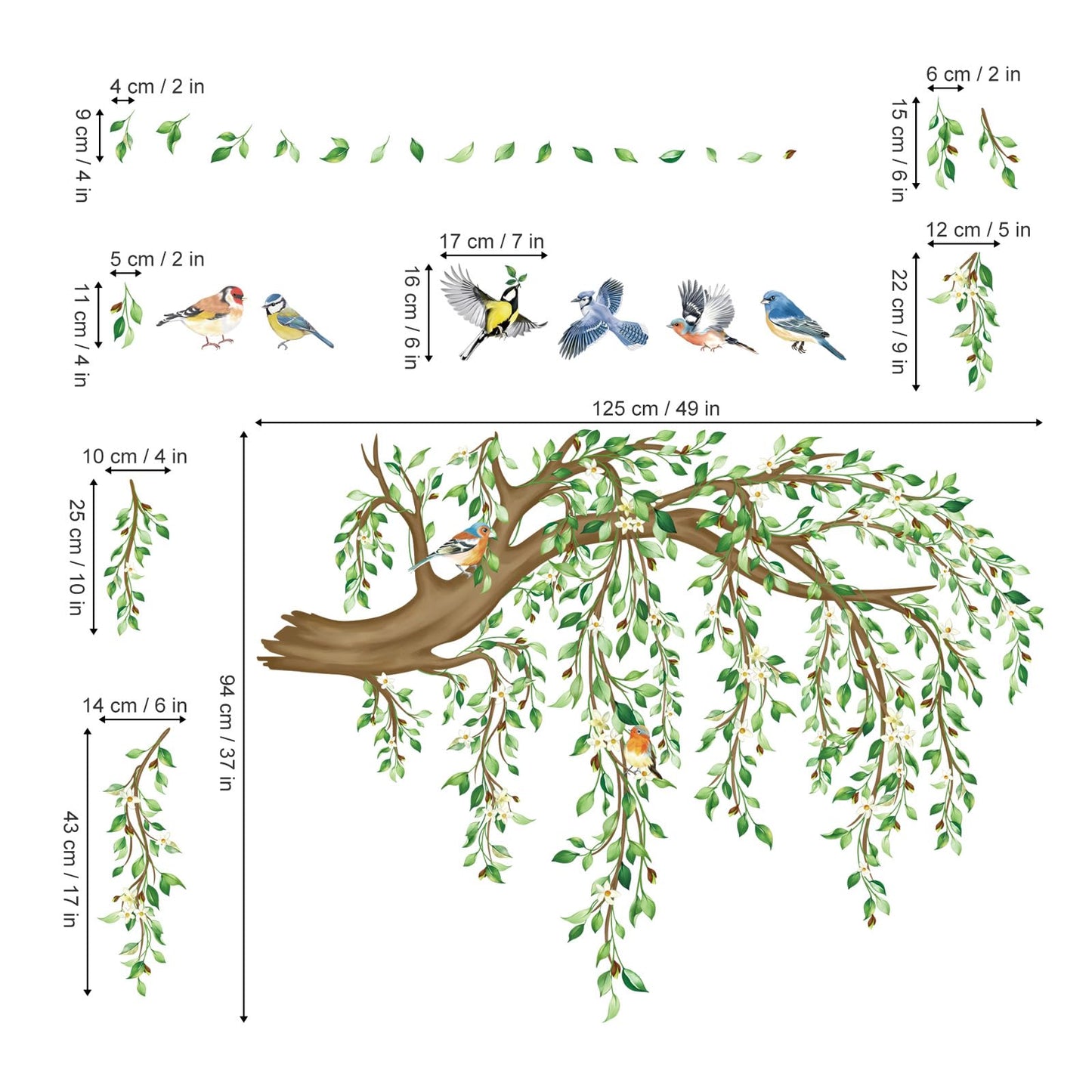 decalmile Large Hanging Vine Wall Decals Tree Branch Green Leaf Flower Birds Wall Stickers Living Room Tv Background Bedroom Wall Decor