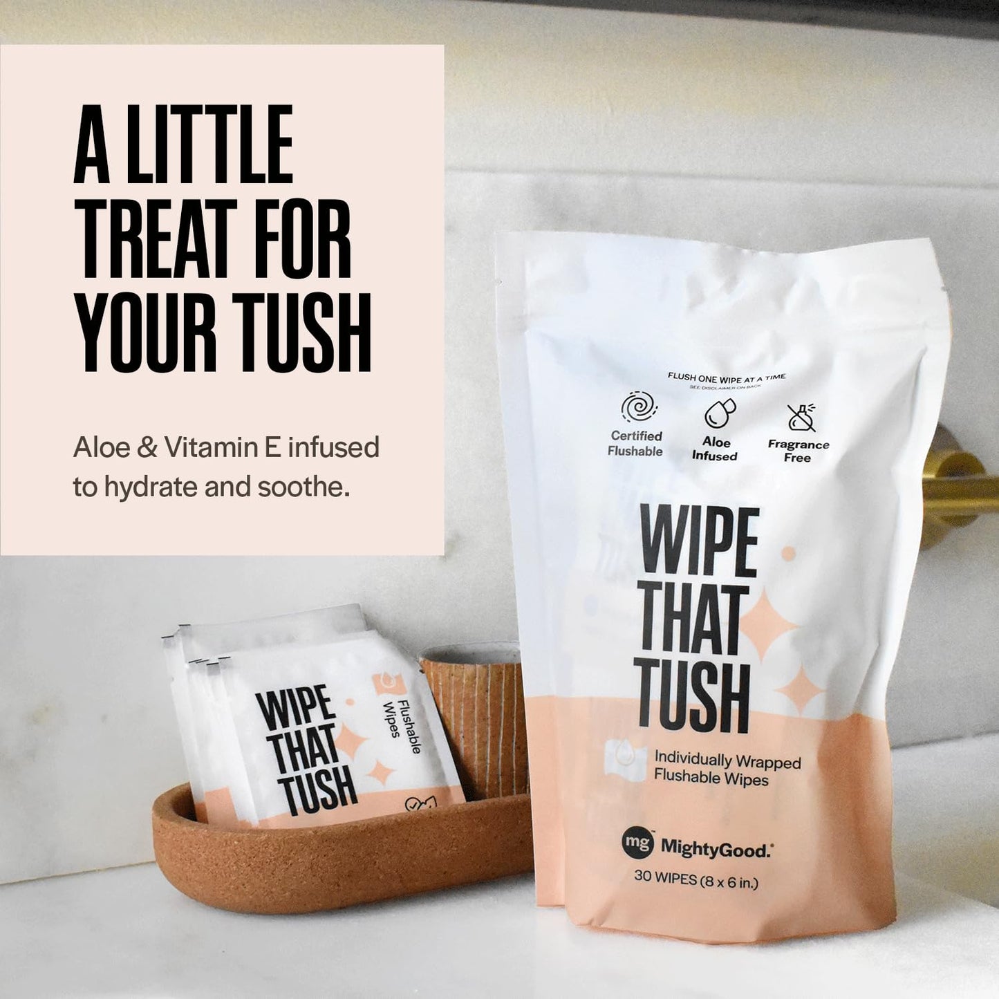 Wipe That Tush Flushable Wipes - Extra Large & Soft, Fragrance-Free, Hypoallergenic - 30 Individually Wrapped Wipes