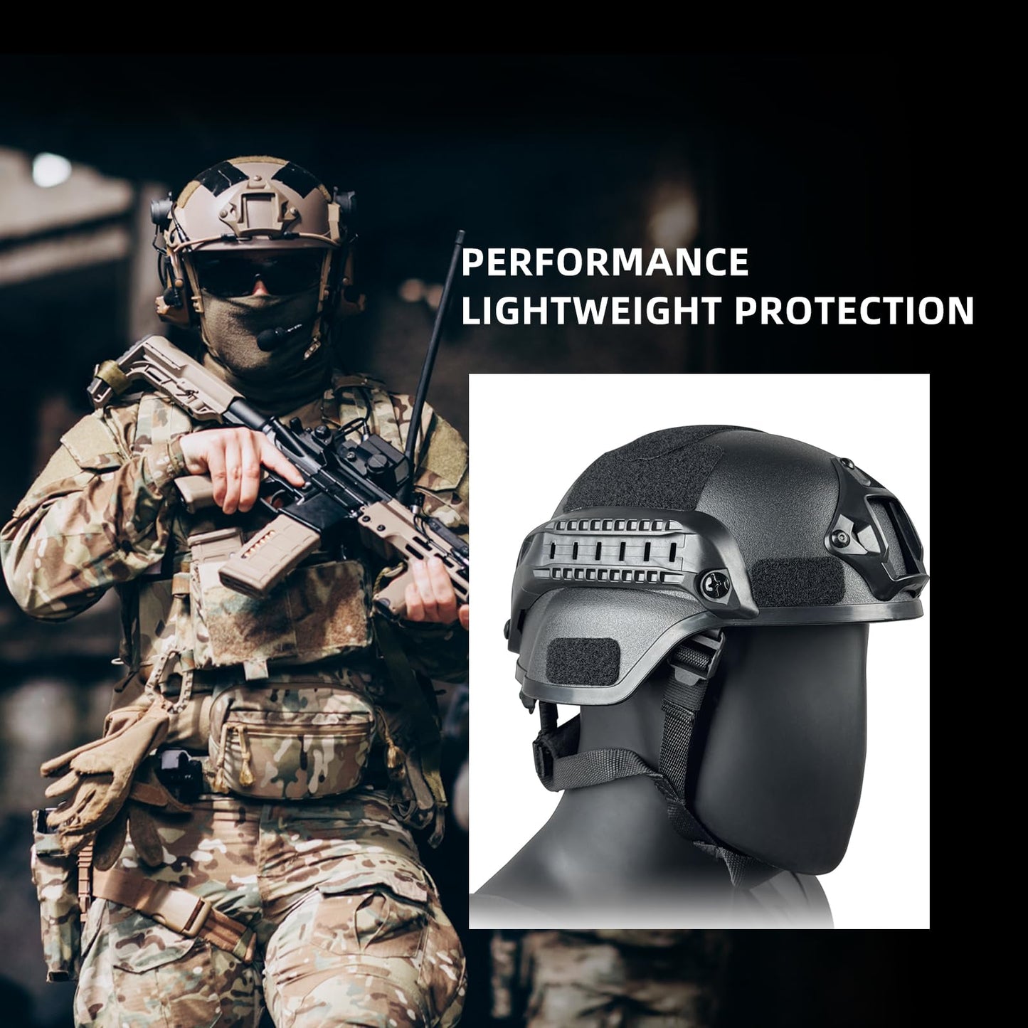 Tactical Helmet with NVG Mount, Adjustable Fast Helmet for Airsoft, Paintball, CS Game – Lightweight ABS Material with Side Rails – Fits Head Circumference 50-63cm