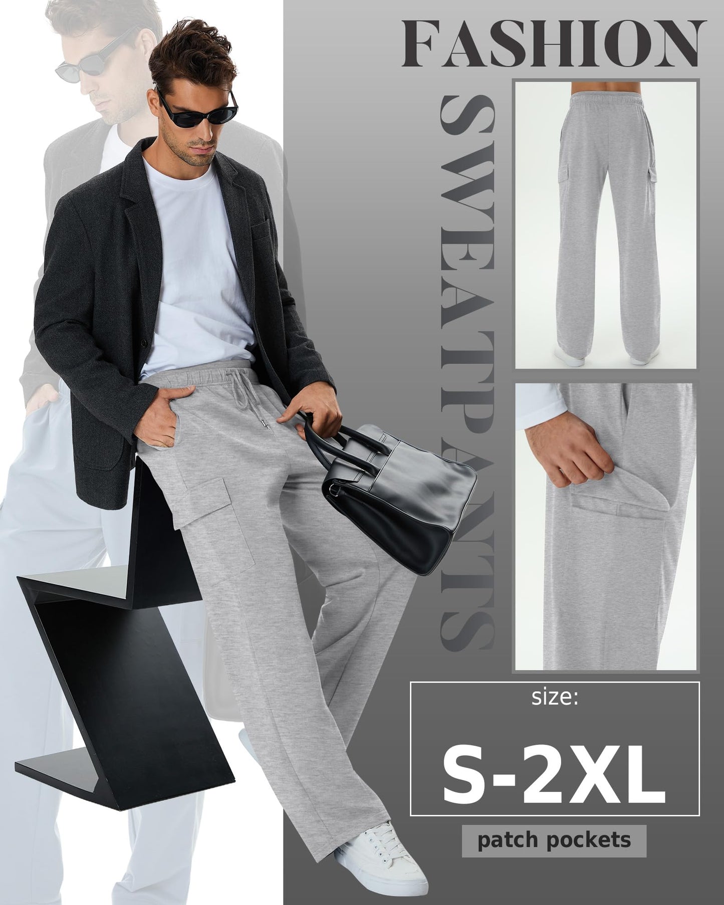 August Alley 3 Pack Men's Cargo Sweatpants Drawstring Thin Straight Leg Pants Casual Baggy Open Bottom Jogger with Pockets(Gray, Light Gray, Black,Medium)