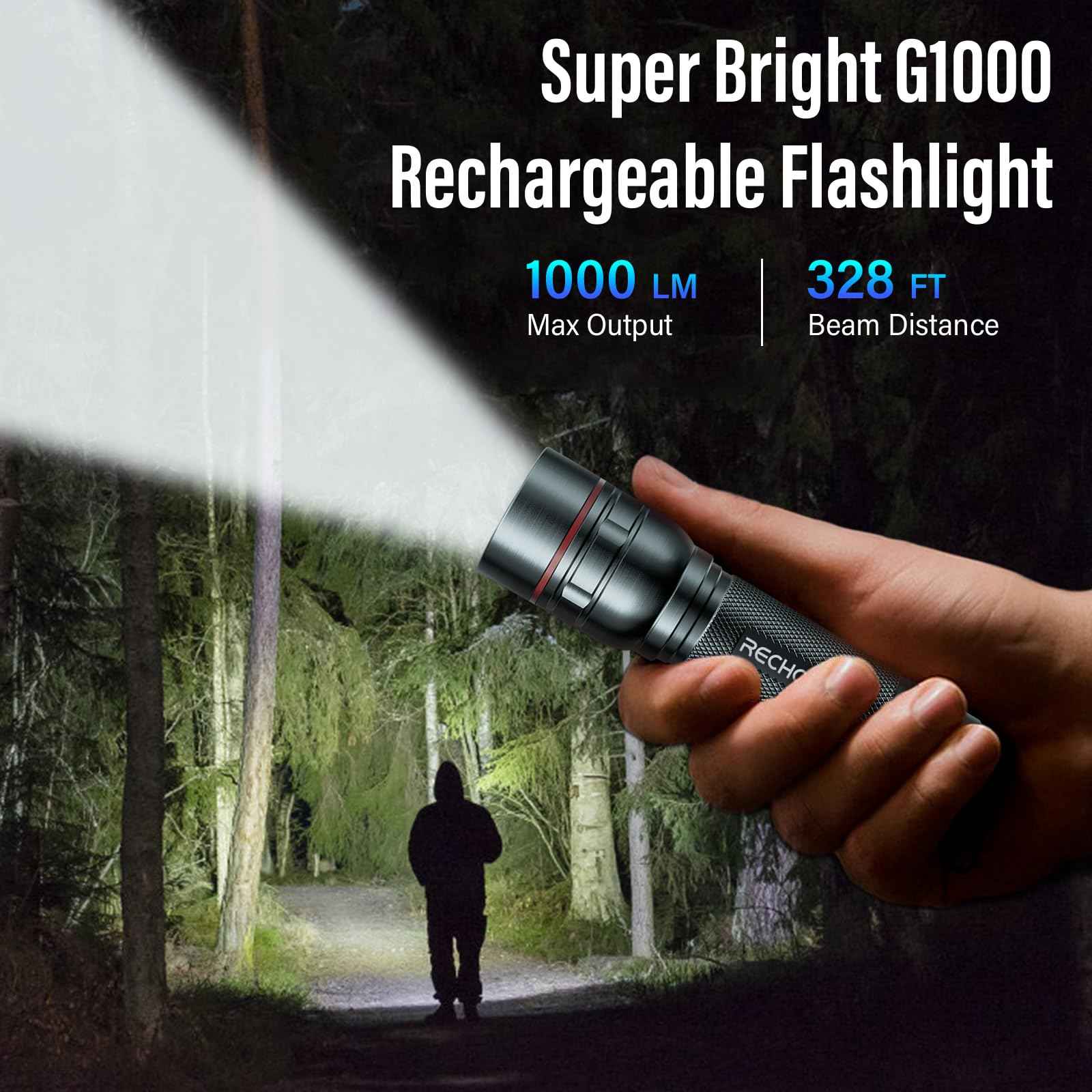 Rechargeable Flashlights High Lumens, G1000 Super Bright Flash Light 2 Pack, Small Zoomable LED Flashlight with 3 Lighting Modes, Portable Flashlight for Camping Essentials (Battery Included)-Grey