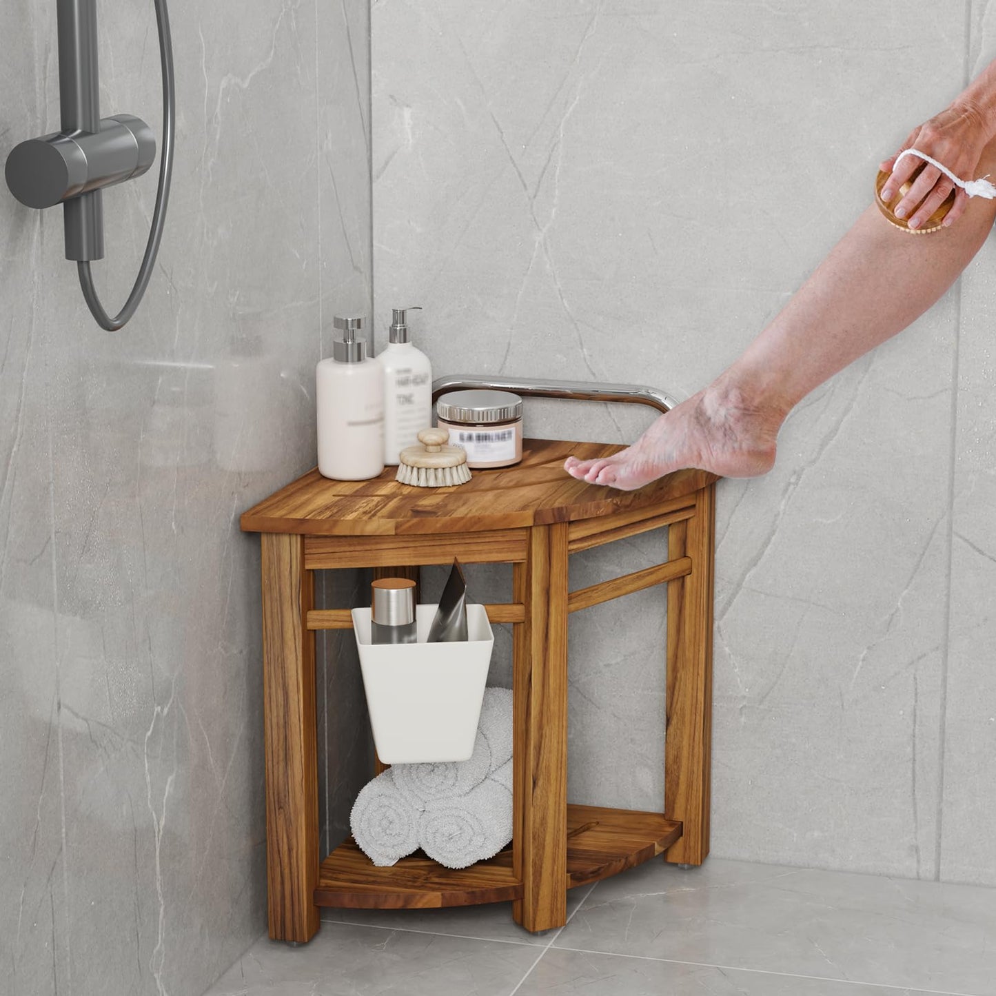 Kiasthome Teak Corner Shower Bench, Waterproof Bathroom Teak Shower Bench, Sturdy Non-Slip Bath Shower Foot Stool for Shaving Legs with Storage Baskets and Shelves