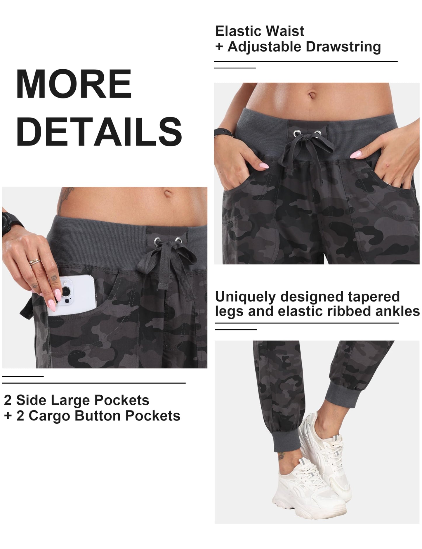 MoFiz Hiking Cargo Pants for Women with Pockets Lightweight Quick Dry Athletic Outdoor Summer Travel Casual Joggers Sweatpants Camouflage Dark Grey L