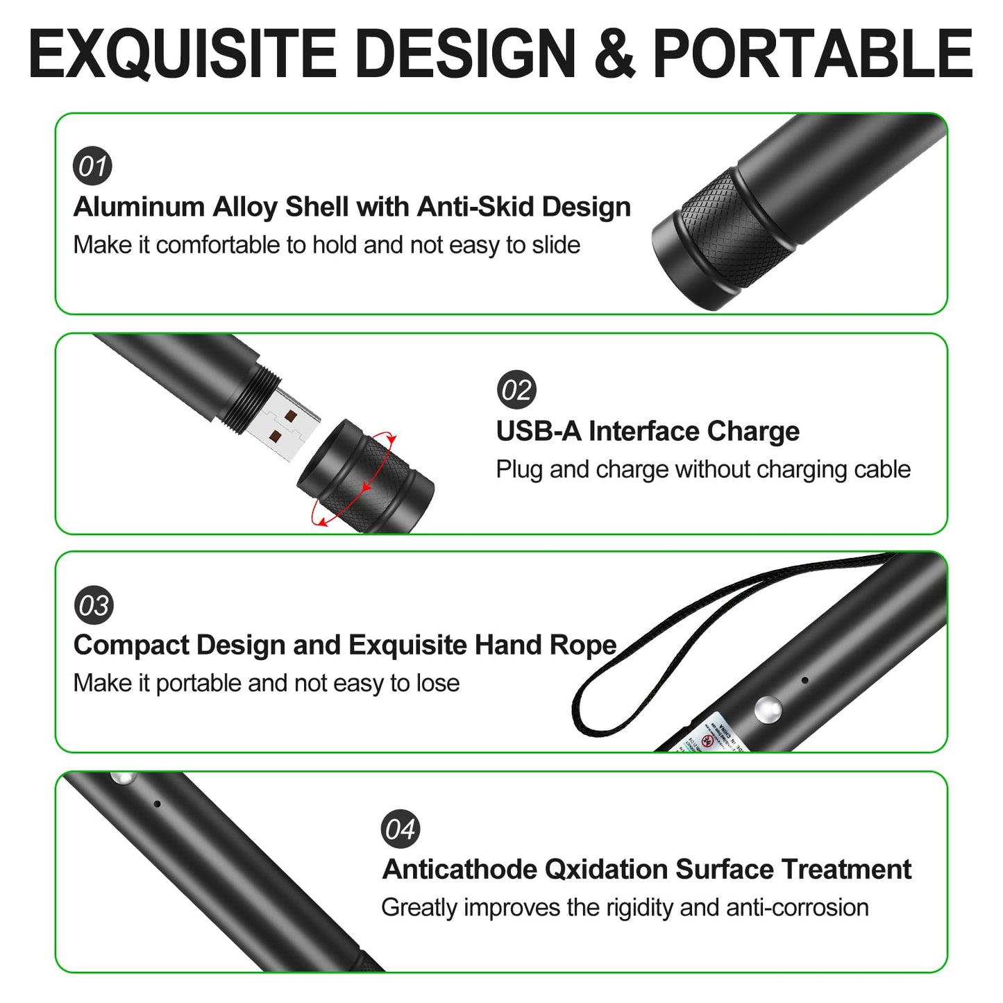 LETEAPII Green Beam Light Flashlight Long Range, USB Rechargeable Tactical Flashlights with Star Cap Adjustable Focus for TV/LED/LCD Screens, Presentations, Astronomy, Camping, Hiking, and Outdoor Use