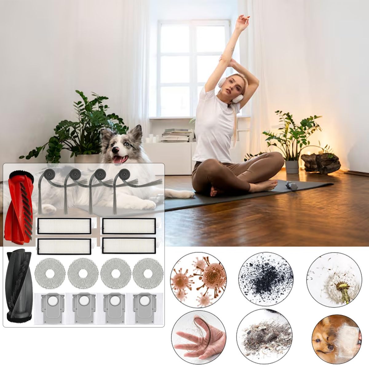 17 Pcs Replacement Parts Accessories Kit,Compatible With Roborock Qrevo Curv/Qrevo Edge Qrevo S5V Robot Vacuum,1 Roller Brush, 4 Hepa Filters,4 Side Brush,4 Mop Pads,4 Vacuum Bags