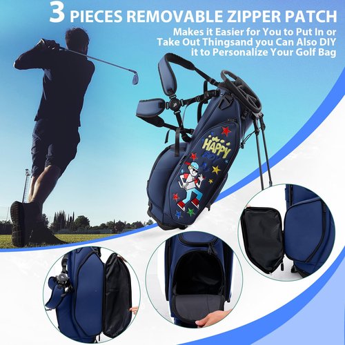 Golf Stand Bag with 5-Way Dividers, Waterproof PU Leather, Funny Detachable Patch, 7.3 lbs for Men & Women, (Navy EMB)