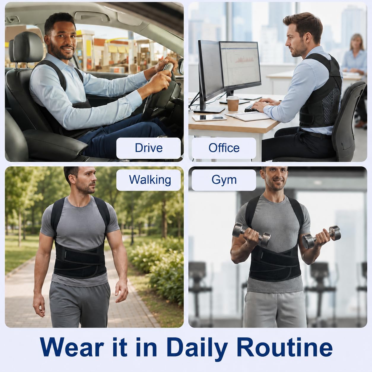 Back Posture Corrector Brace for Men, Back-Anchored Shoulder Support, 3.1-Inch Wide Straps, Adjustable Upper Back Straightener & Lower Spine Support to Help Reduce Slouching, Wear Under Clothes