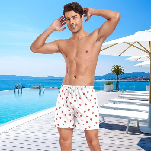 QUGRL Men's Casual Workout Shorts with Elastic Waistband Red Hearts White Mens Training Gym Drawstring Shorts Summer Medium, Valentine's Day