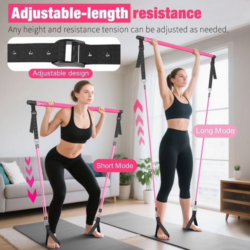 Bbtops Pilates Bar Kit with Resistance Bands(4 x Bands),3-Section Pilates Bar with Stackable Bands Workout Equipment for Legs,Hip,Waist and Arm,Portable Home Gym for Women Full Body (Pink30lbs,40lbs)