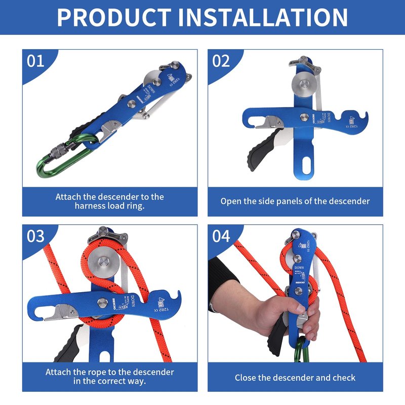 REISIO Climbing Stop Descender for 9-12mm,Self-Braking Self Locking Belay Device Rescue Equipment Hand Controls with Mountain Climbing Cave Rappelling Aerial Work Rescue Activities (Blue)