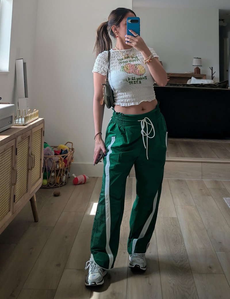 Wyeysyt Womens Wide Leg Pants Baggy Sweatpants Casual Drawstring Elastic Waist Contrast Color Y2K Track Pants(Green-M)