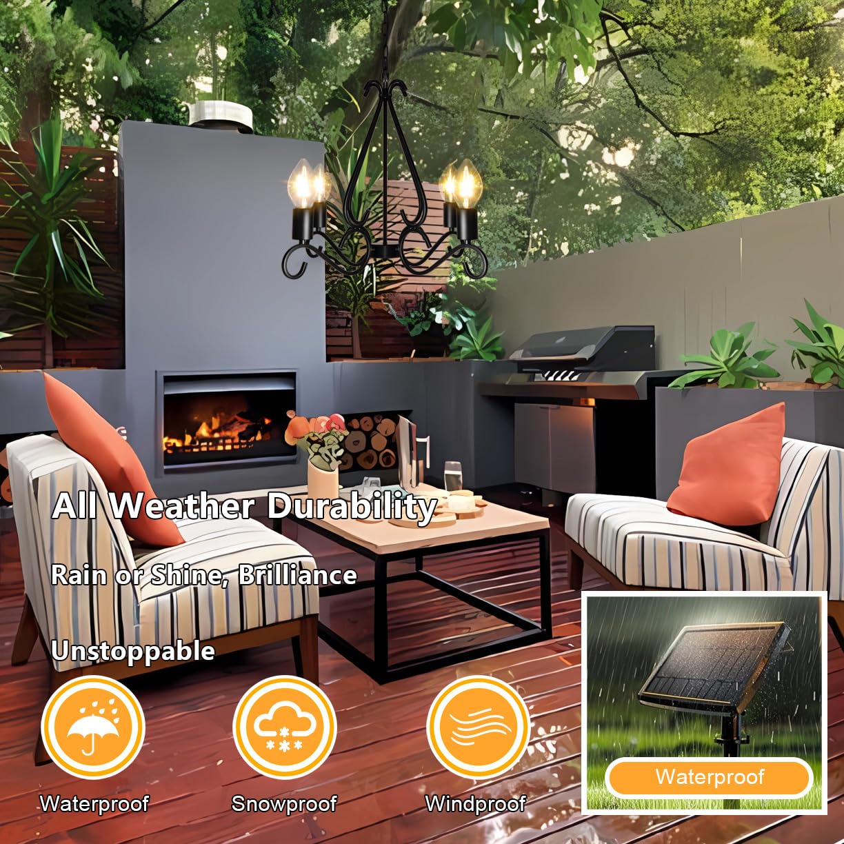 TWINKVILLA Solar Chandelier Outdoor, 4-Lights 23" Rustic Farmhouse Industrial Iron Chandeliers Waterproof Dimmable Hanging Pendant Lights for Gazebo, Pergola, Canopy, Tent Decor