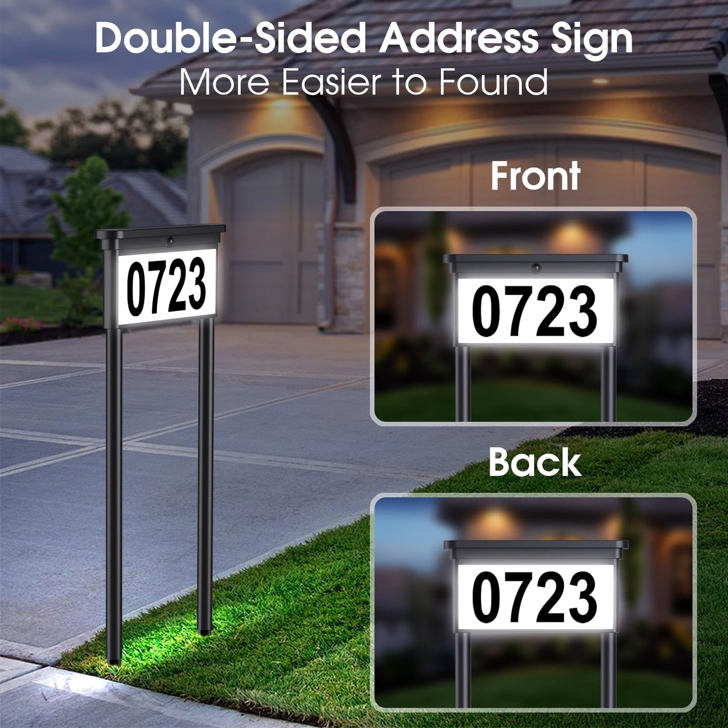 Solar Address Sign, House Numbers for Outside Double Side, 12 Modes Lighted Address Plaque Outdoor Waterproof, Illuminated LED Address Numbers for Yard Home Mailbox, 1 Pack